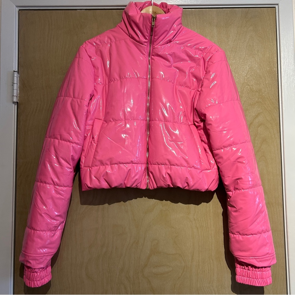 36 Point 5 neon pink vinyl cropped puffer